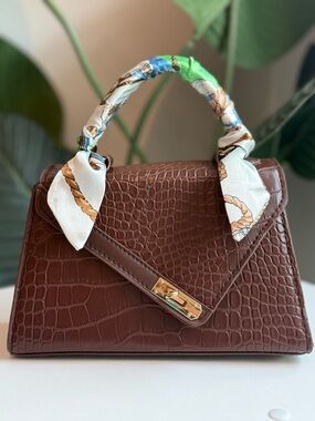 Chocolate Croc-Embossed Top Handle Bag with Scarf Detail